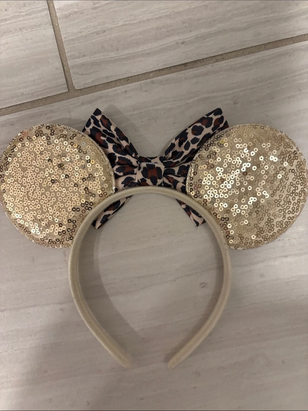 Gold Sequin Minnie Ears Headband with Leopard Bow - Kids Accessories